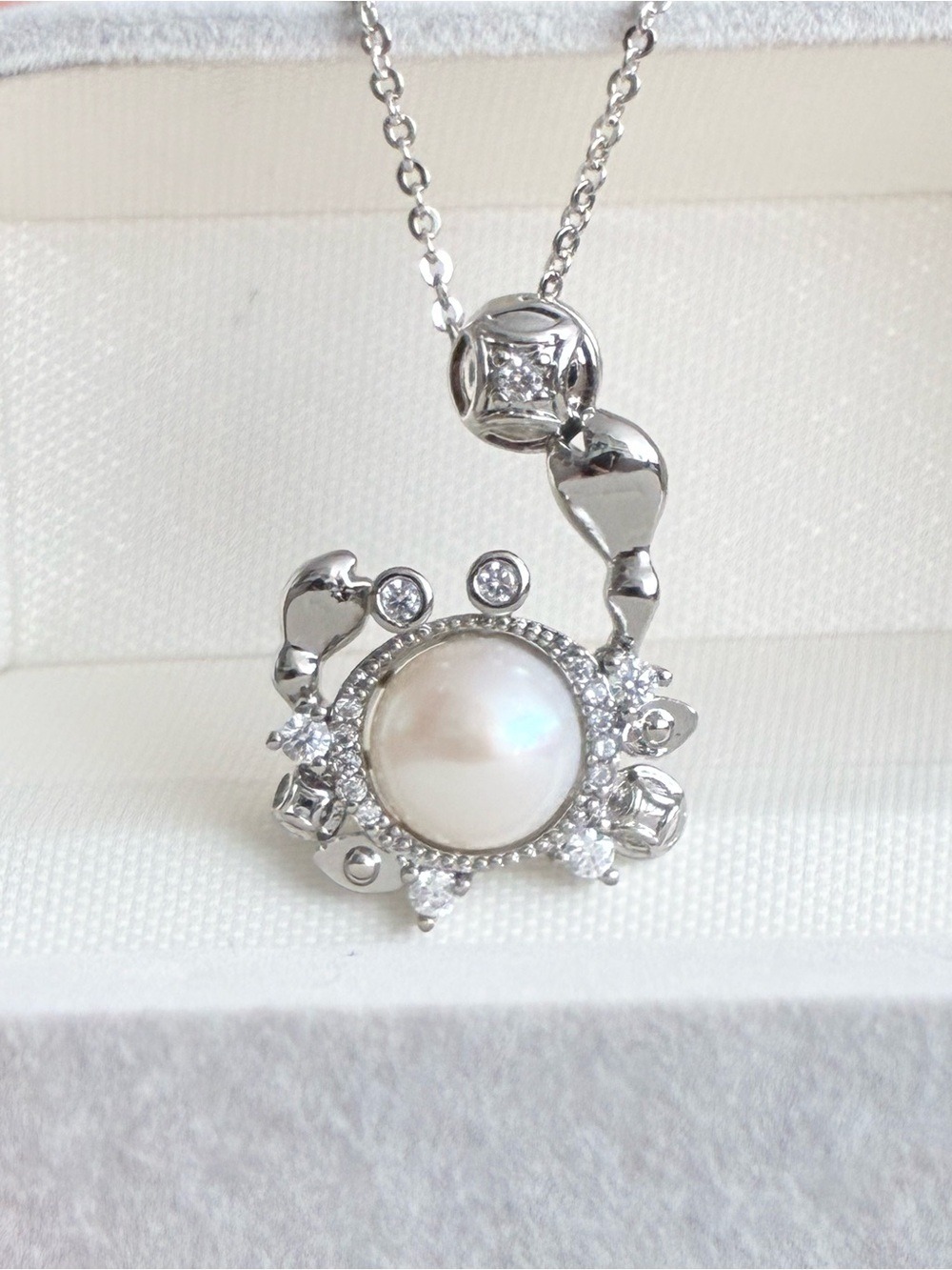 White Gold-Plated Crab Necklace | Freshwater Pearl & CZ Pendant | Coastal Gift